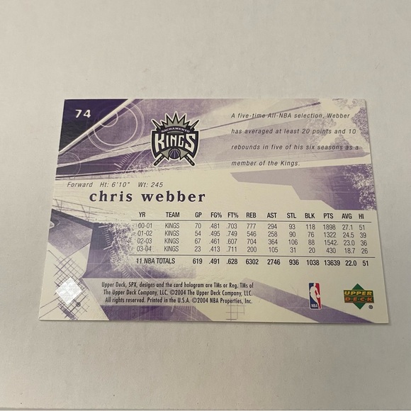 2004 CHRIS WEBBER SPX Upper Deck Sacramento Kings Foil Basketball Card #74 - Picture 3 of 3